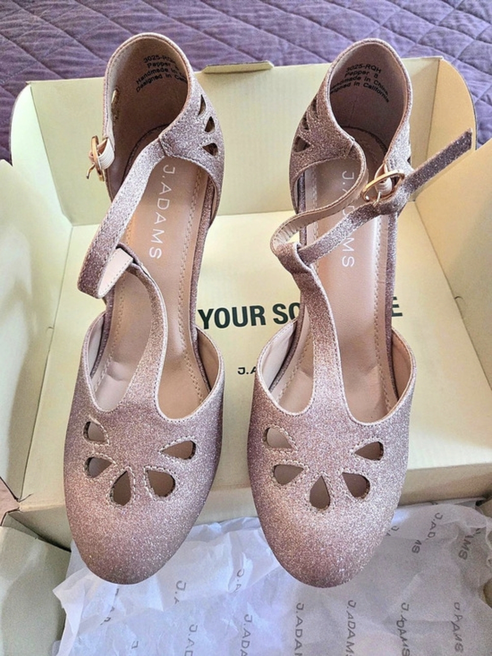 J. Adams Pepper T-Strap Glitter Heeled Dress Pump Pumps Pink